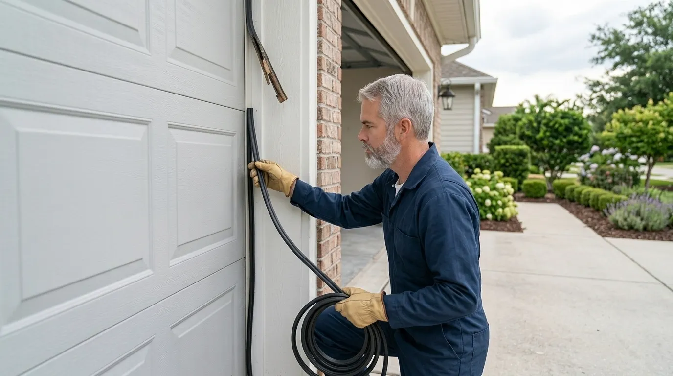 Garage door technician repairing a residential garage door in Greenwood Village Colorado