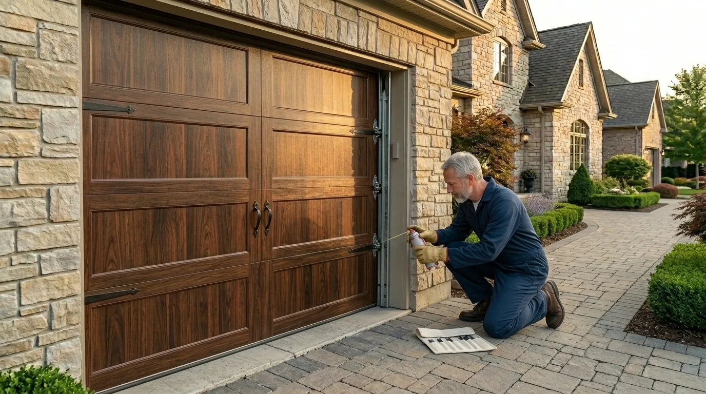 Garage door technician inspecting springs tracks rollers and opener in Greenwood Village Colorado